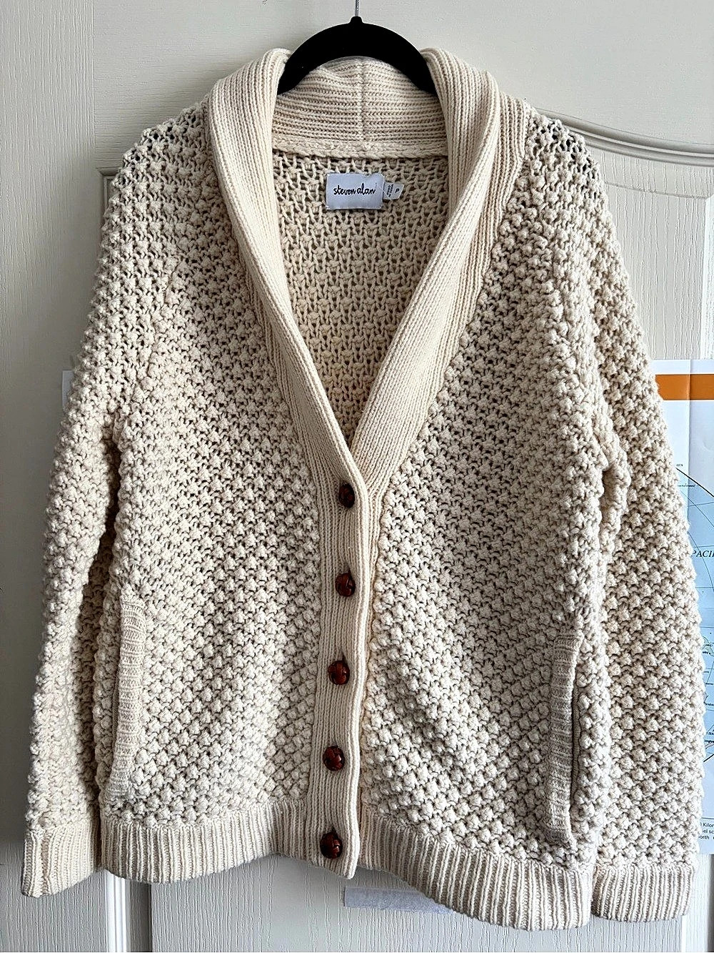 Steven Alan Classic Luxury Chunky Cotton Knit Cardigan Shawl Collar Cream P/S